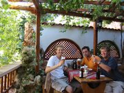 Enjoying a fine meal and some beers in Sozopol on the Black Sea coast.