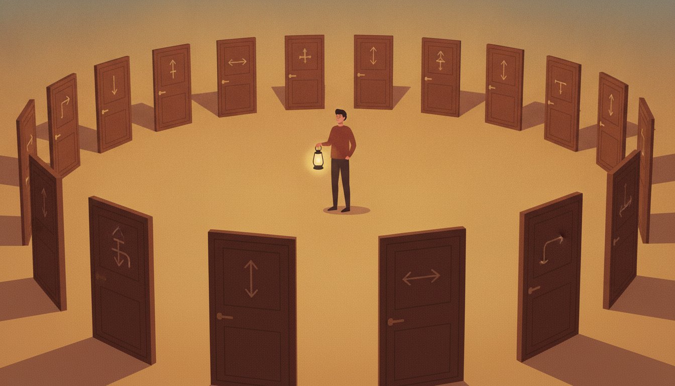 A person holding a lantern surrounded by a circle of closed doors, each pointing a different direction
