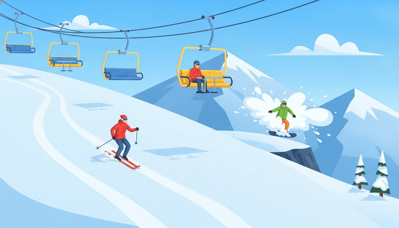Illustration of a skier carving a groomed run while a snowboarder drops into deep powder beside the trees