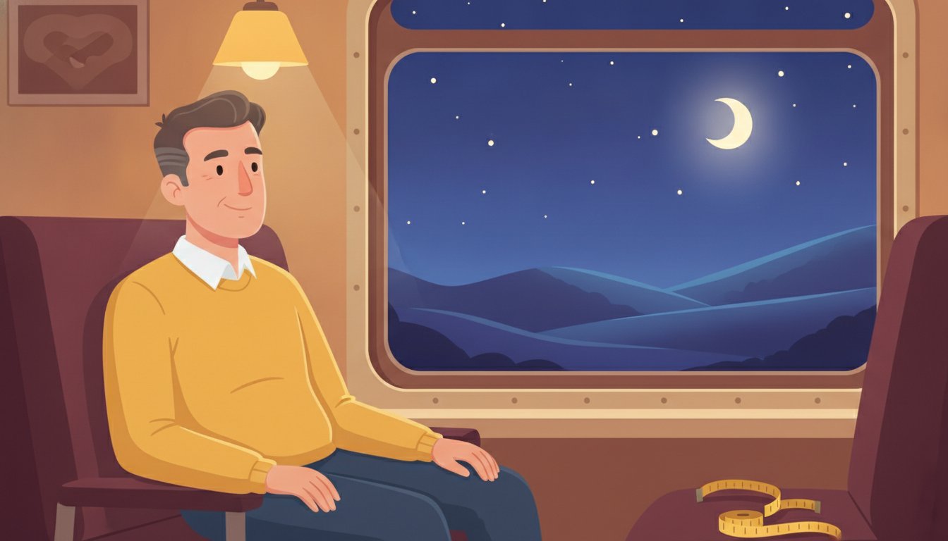 Cartoon of a man on a night train smiling out the window at the stars, with a measuring tape tossed aside