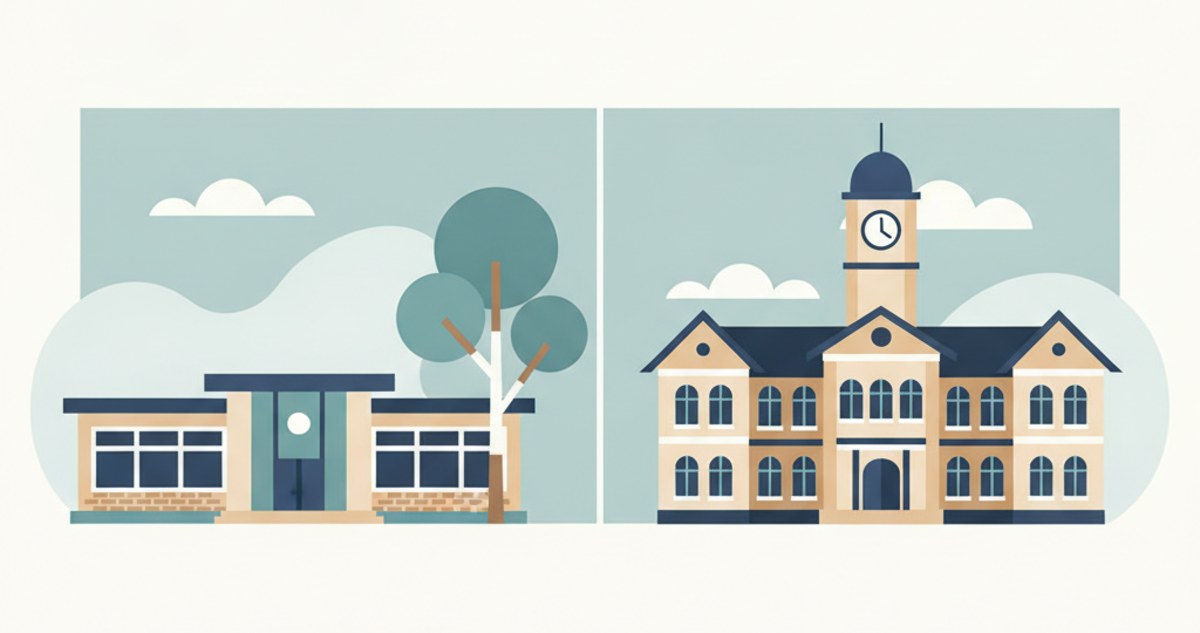 Flat illustration comparing an Australian public school building and a private school building side by side