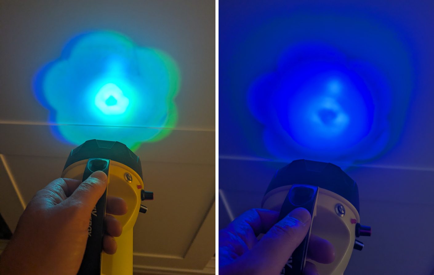 The Arduino torch shining aqua and blue light onto a ceiling