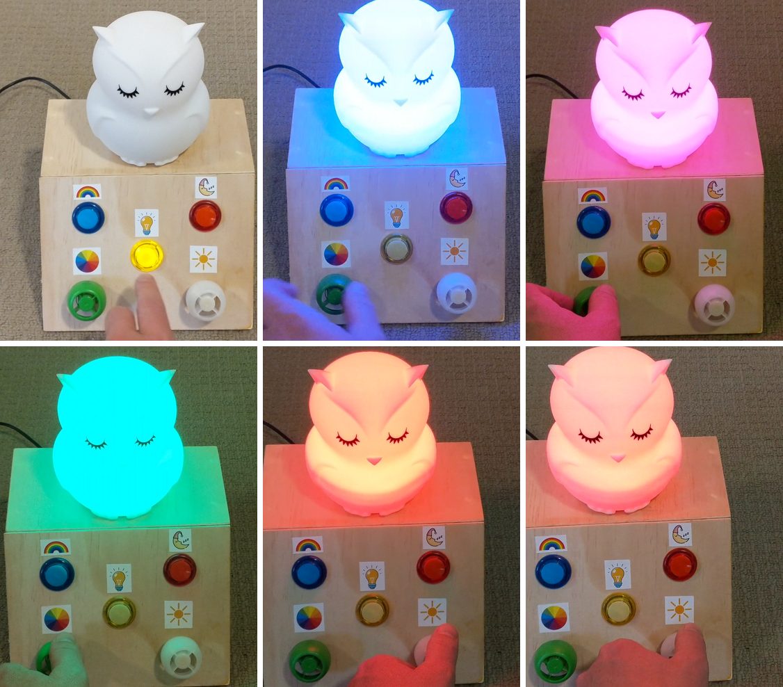 Six frames of the owl night light glowing white, blue, pink, aqua, orange and peach